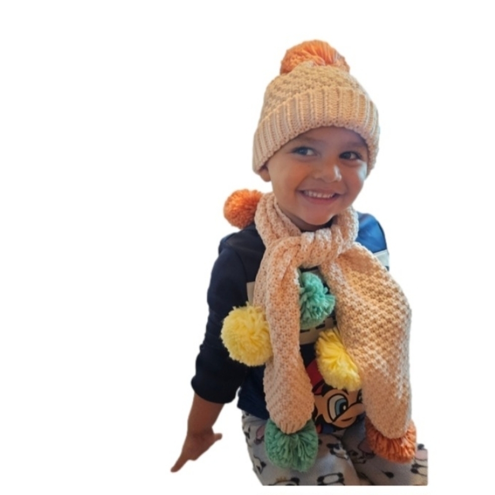 Hand crafted upcycled pom pom beanie set pink scarf 7 colorful pom poms handmade